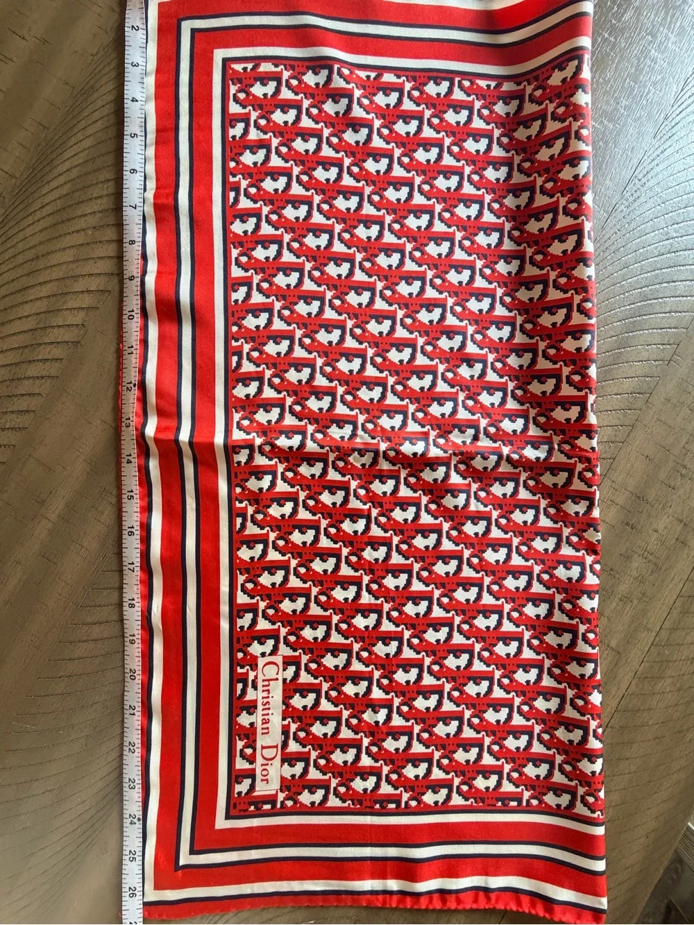 Vintage Christian Dior Silk Scarf Red Navy White Geometric Logo 27” Square